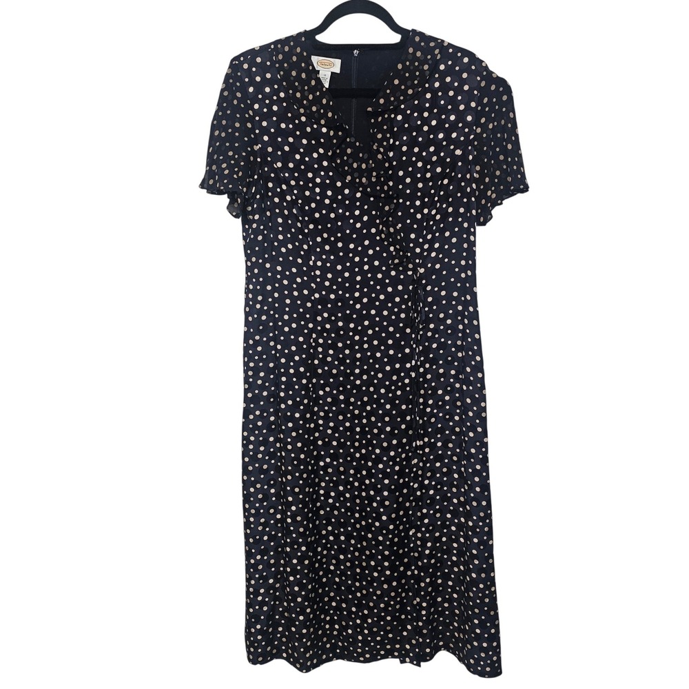 Talbots Polka Dot Midi Dress Women 12 Navy Blue Ruffle V-Neck Flutter Sleeve